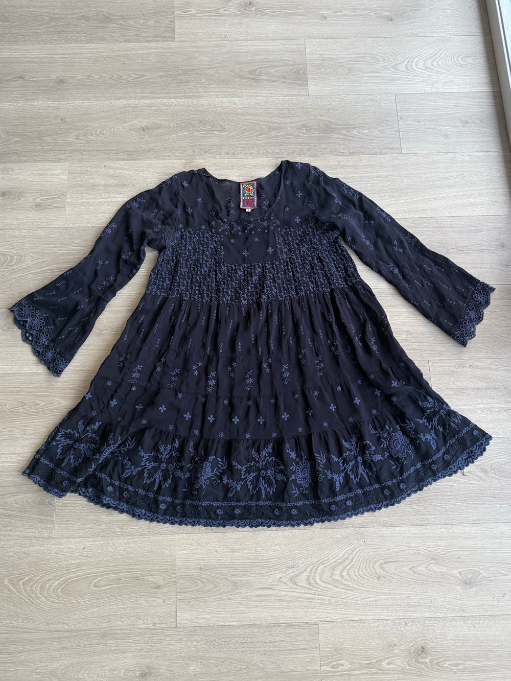 johnny was tunic navy blue small eyelet floral bell sleeve boho chic